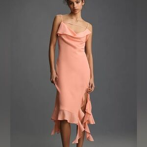 Mare Mare x Anthropologie Asymmetric Ruffle Slip Midi Dress, peach/pink, small